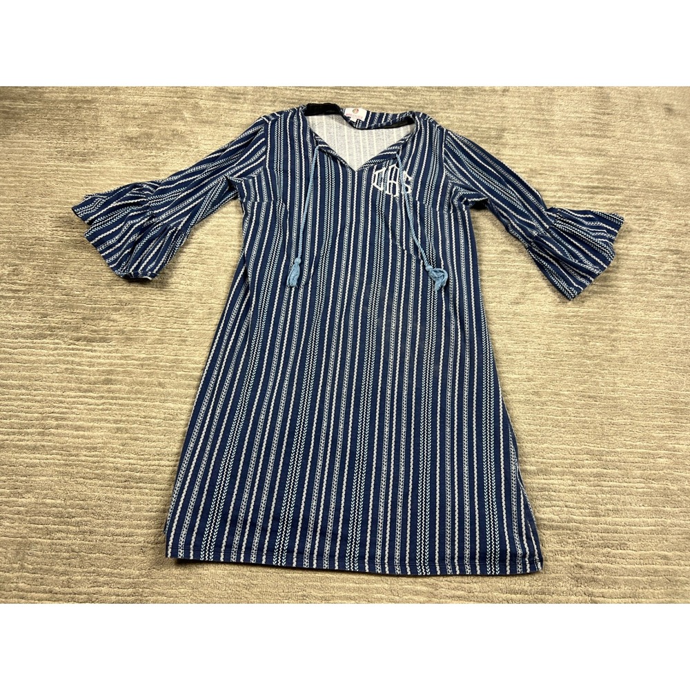 Marleylilly Tunic Dress Womens S Blue Striped Monogram Tassel Bell Sleeve Boho